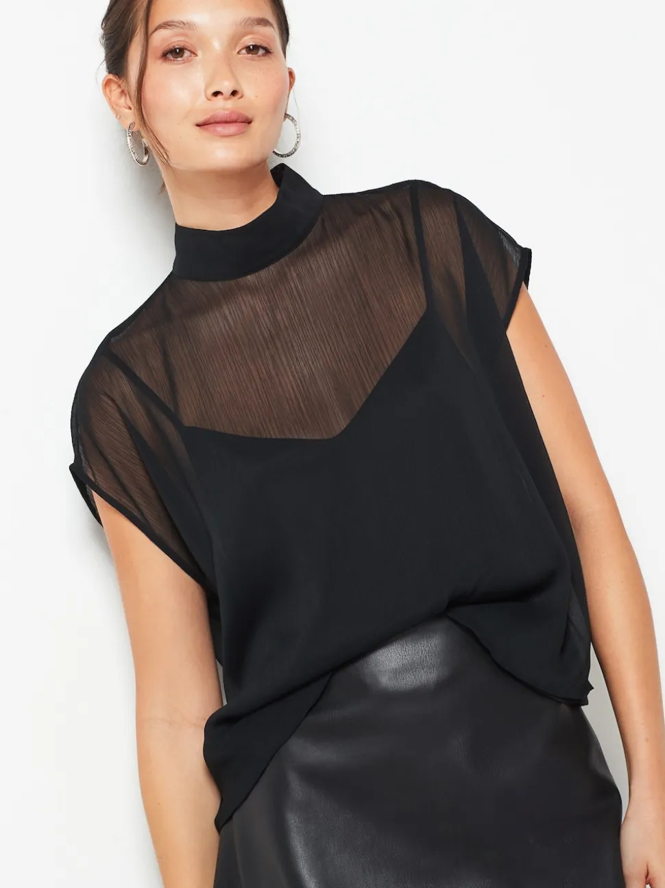 Black Sheer Layer Cap Sleeve Top