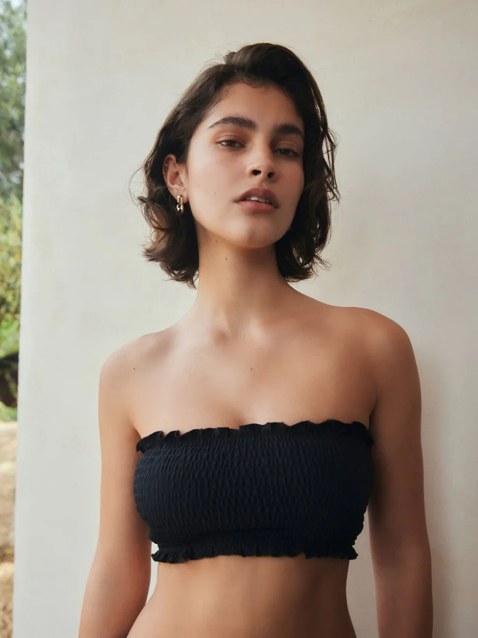 Black Shirred Bandeau Bikini Top
