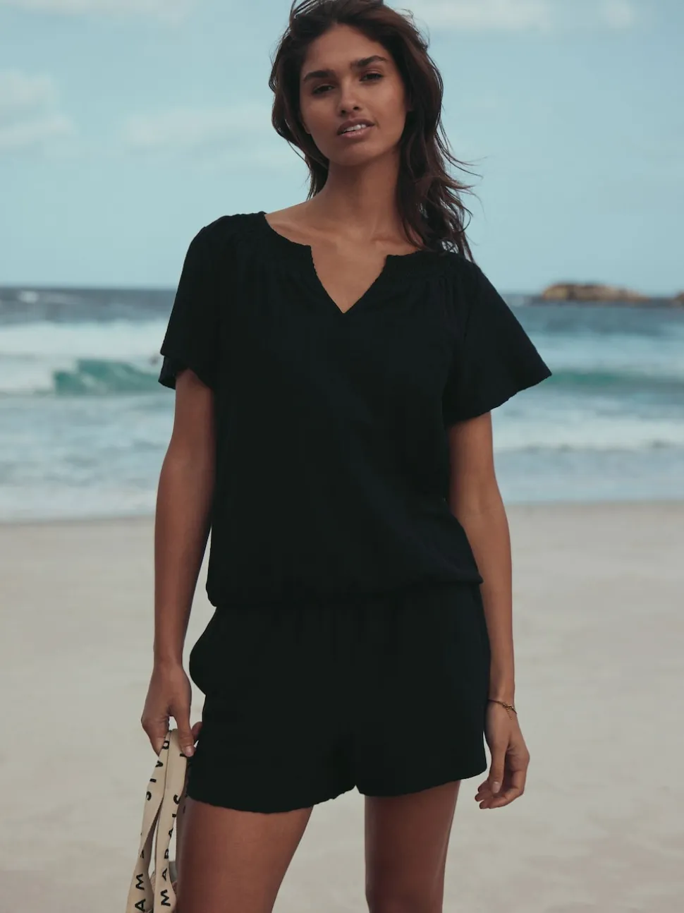 Black Shirred Jersey Shorts