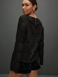 Black Shirred Long Sleeve Crew Neck Top