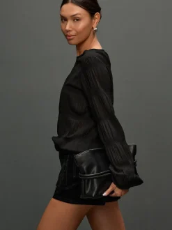 Black Shirred Long Sleeve Crew Neck Top