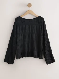 Black Shirred Long Sleeve Crew Neck Top