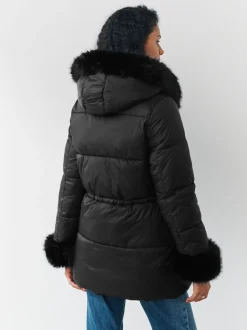 Black Short Padded Coat with Faux Fur Trim Hood and Cuffs