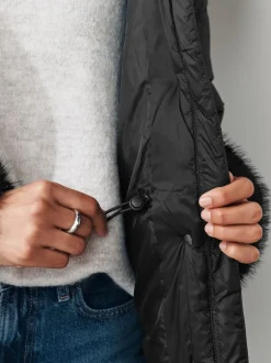 Black Short Padded Coat with Faux Fur Trim Hood and Cuffs