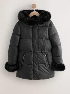 Black Short Padded Coat with Faux Fur Trim Hood and Cuffs