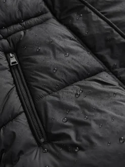 Black Short Padded Coat with Faux Fur Trim Hood and Cuffs