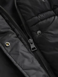 Black Short Padded Coat with Faux Fur Trim Hood and Cuffs