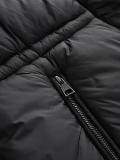 Black Short Padded Coat with Faux Fur Trim Hood and Cuffs
