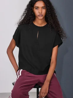 Black Short Sleeve Keyhole Crew Neck Top
