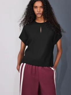 Black Short Sleeve Keyhole Crew Neck Top