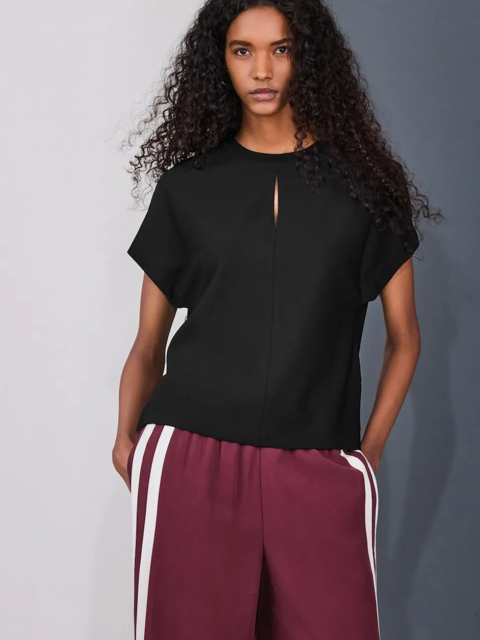 Black Short Sleeve Keyhole Crew Neck Top