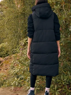 Black Shower Resistant Knit Collar Hooded Padded Gilet