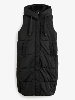 Black Shower Resistant Knit Collar Hooded Padded Gilet