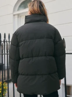 Black Shower Resistant Mid Length Padded Coat