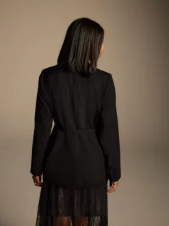 Black Single Breasted Skinny Belt Blazer