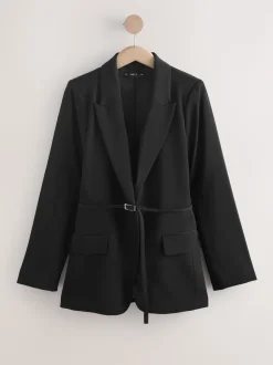 Black Single Breasted Skinny Belt Blazer