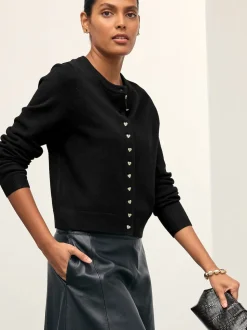 Black Slim Supersoft Crew Neck Cardigan with Wool
