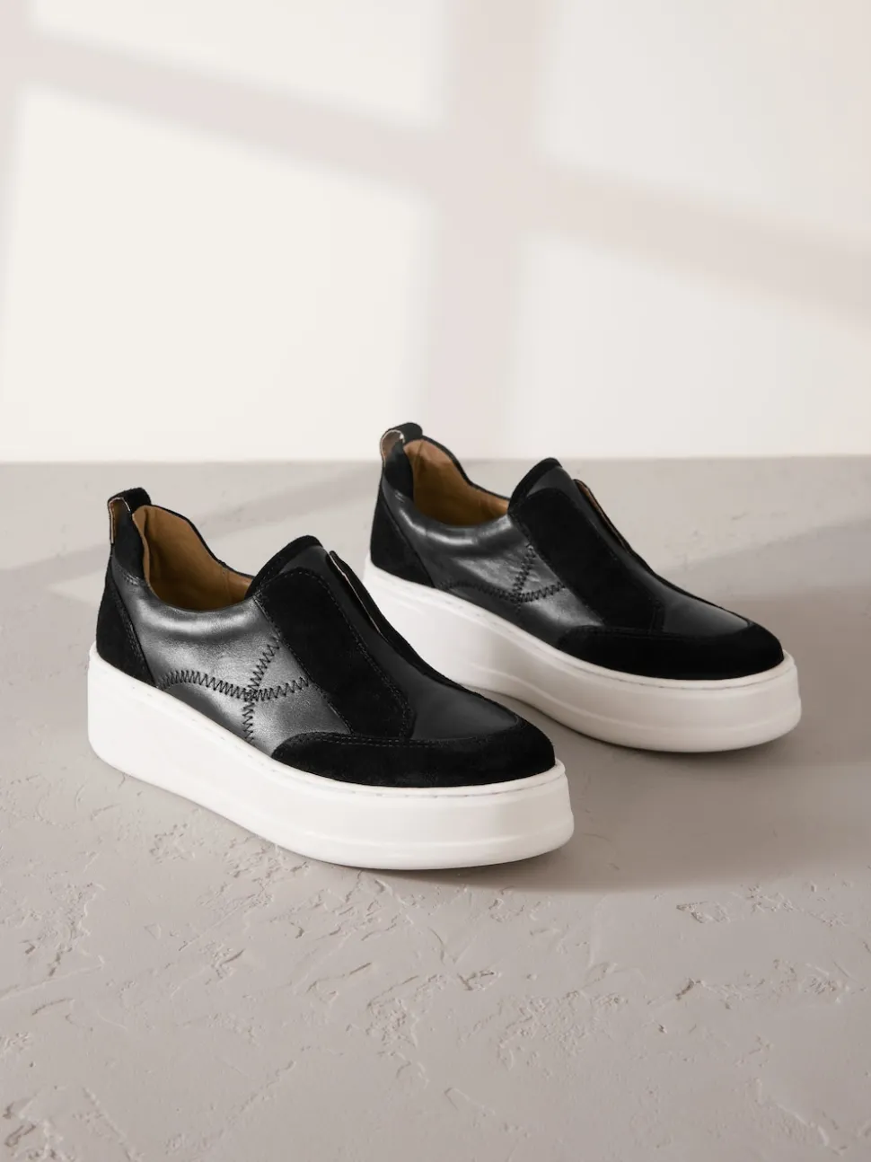 Black Slip On Signature Leather Chunky Wedge Platform Trainers