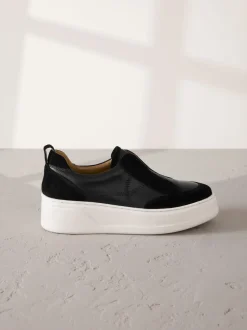 Black Slip On Signature Leather Chunky Wedge Platform Trainers