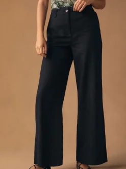 Black Smart Front Linen Blend Wide Leg Trousers