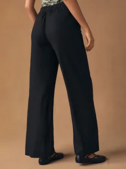 Black Smart Front Linen Blend Wide Leg Trousers
