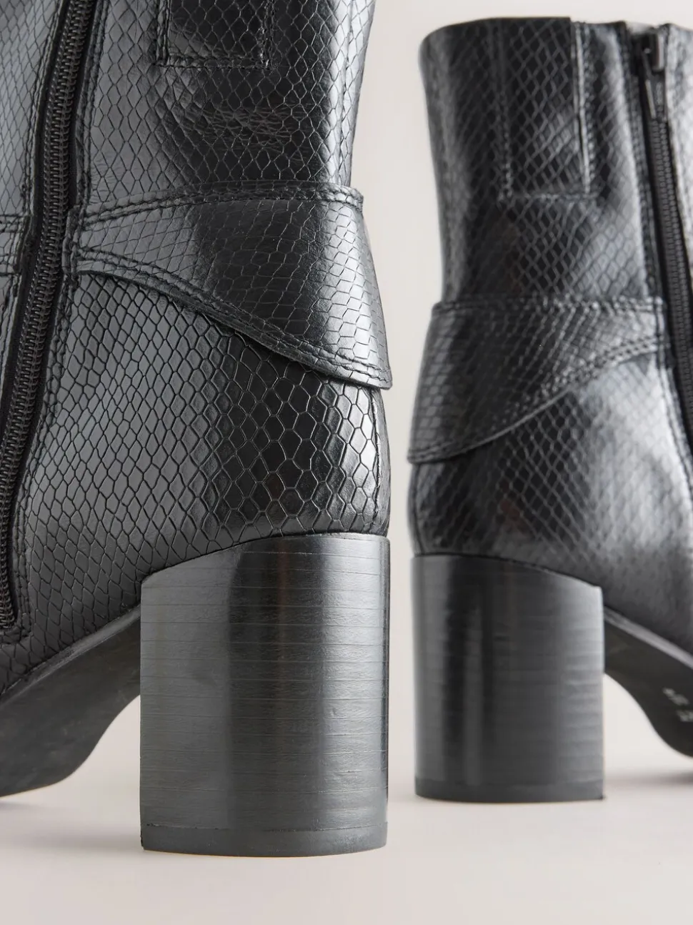Black Snake Textured Leather Forever Comfort® Hardware Trim Ankle Boots