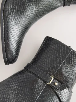 Black Snake Textured Leather Forever Comfort® Hardware Trim Ankle Boots