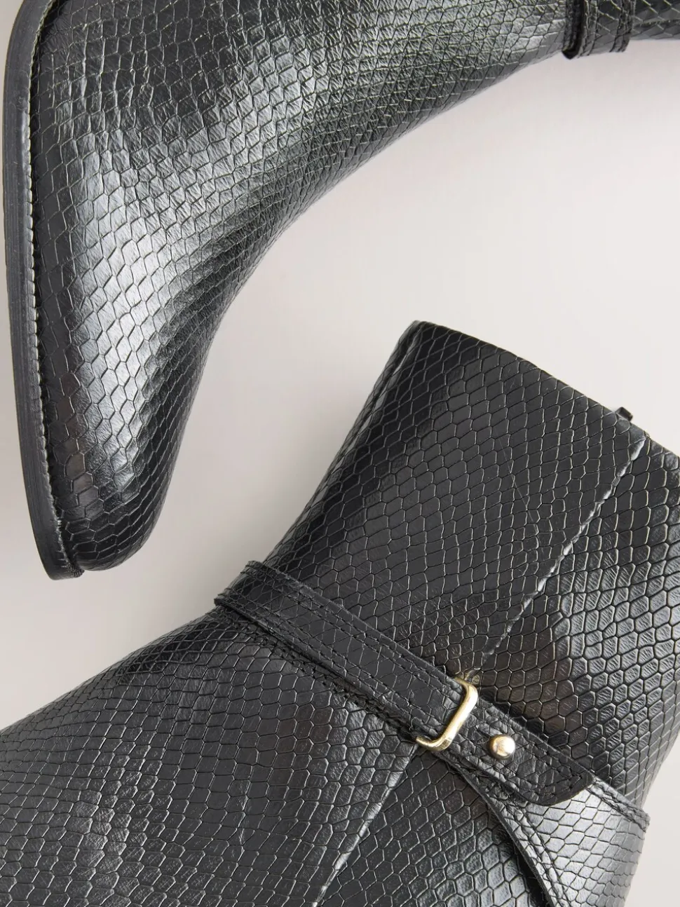 Black Snake Textured Leather Forever Comfort® Hardware Trim Ankle Boots