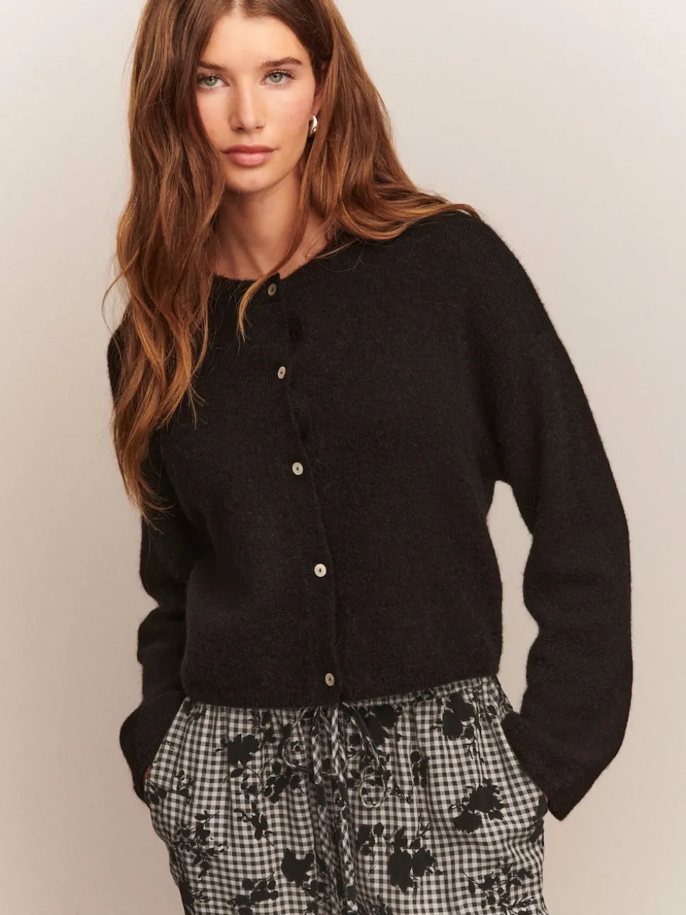 Black Soft Touch Crew Neck Knitted Cardigan With Wool