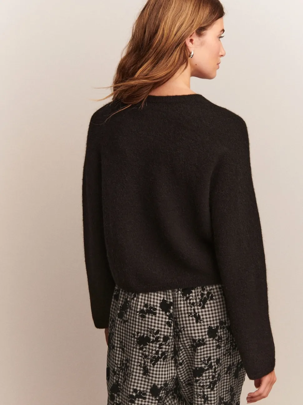Black Soft Touch Crew Neck Knitted Cardigan With Wool
