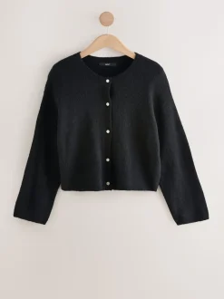 Black Soft Touch Crew Neck Knitted Cardigan With Wool