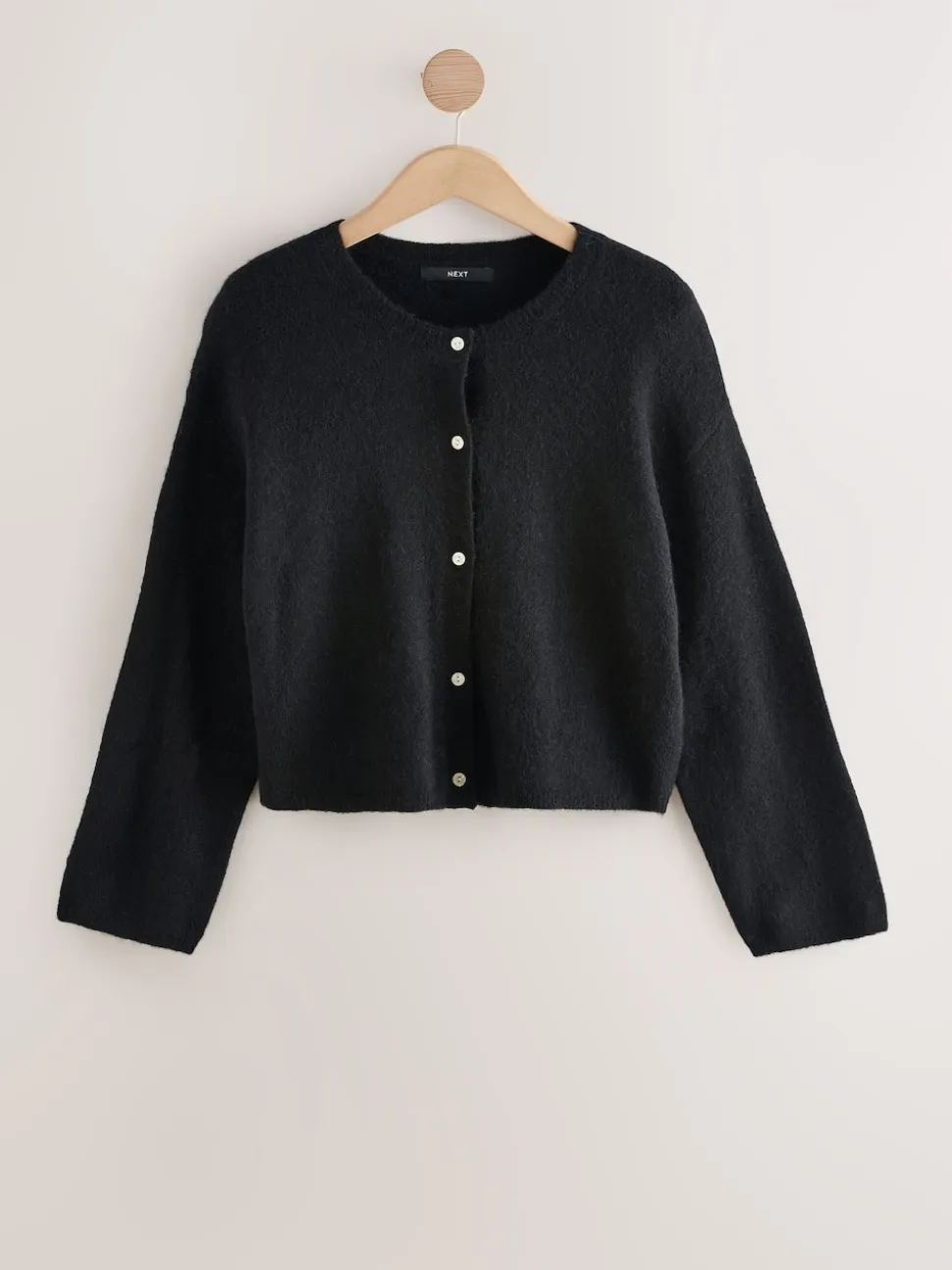 Black Soft Touch Crew Neck Knitted Cardigan With Wool