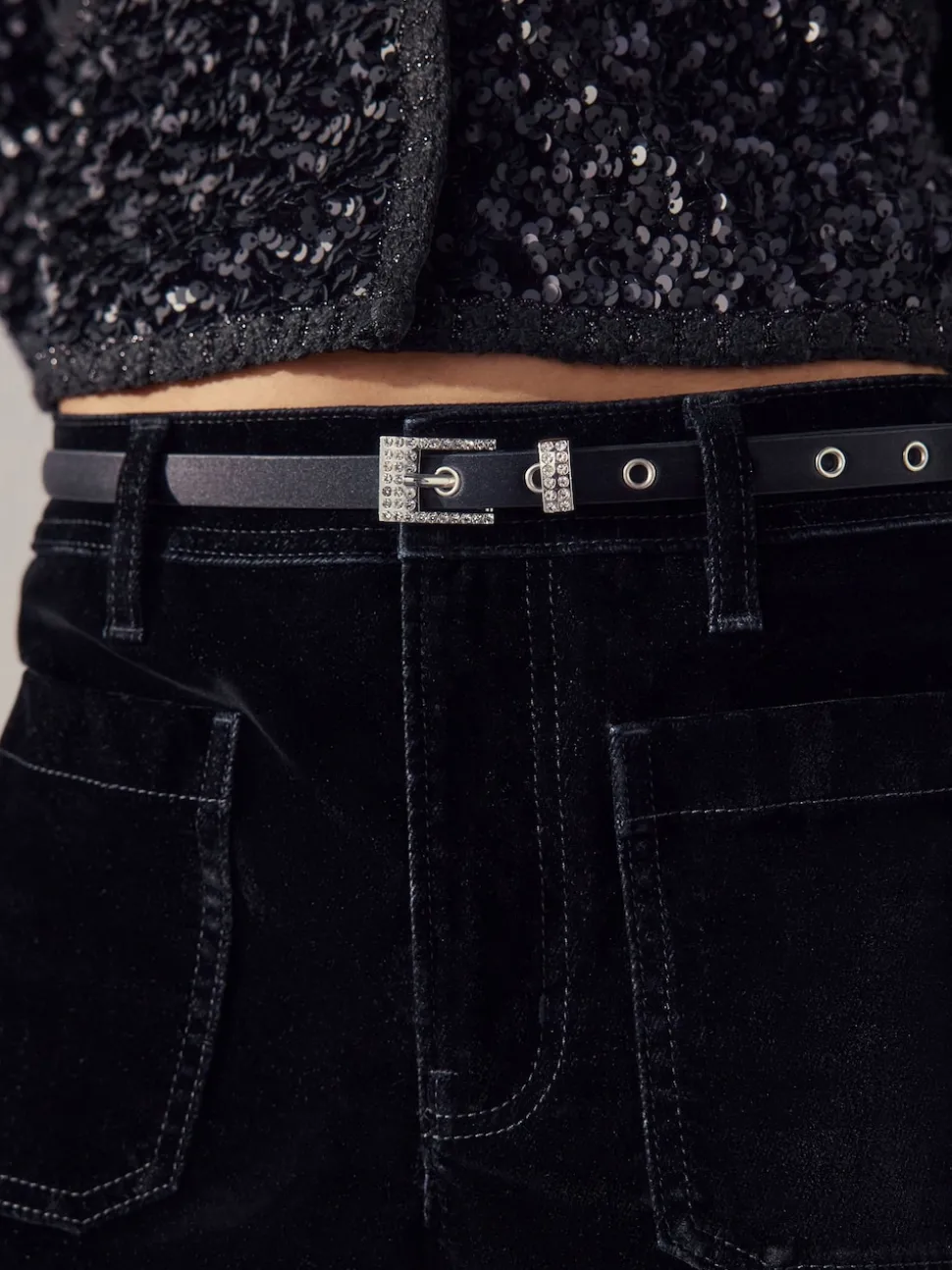 Black Sparkle Buckle Satin Skinny Belt