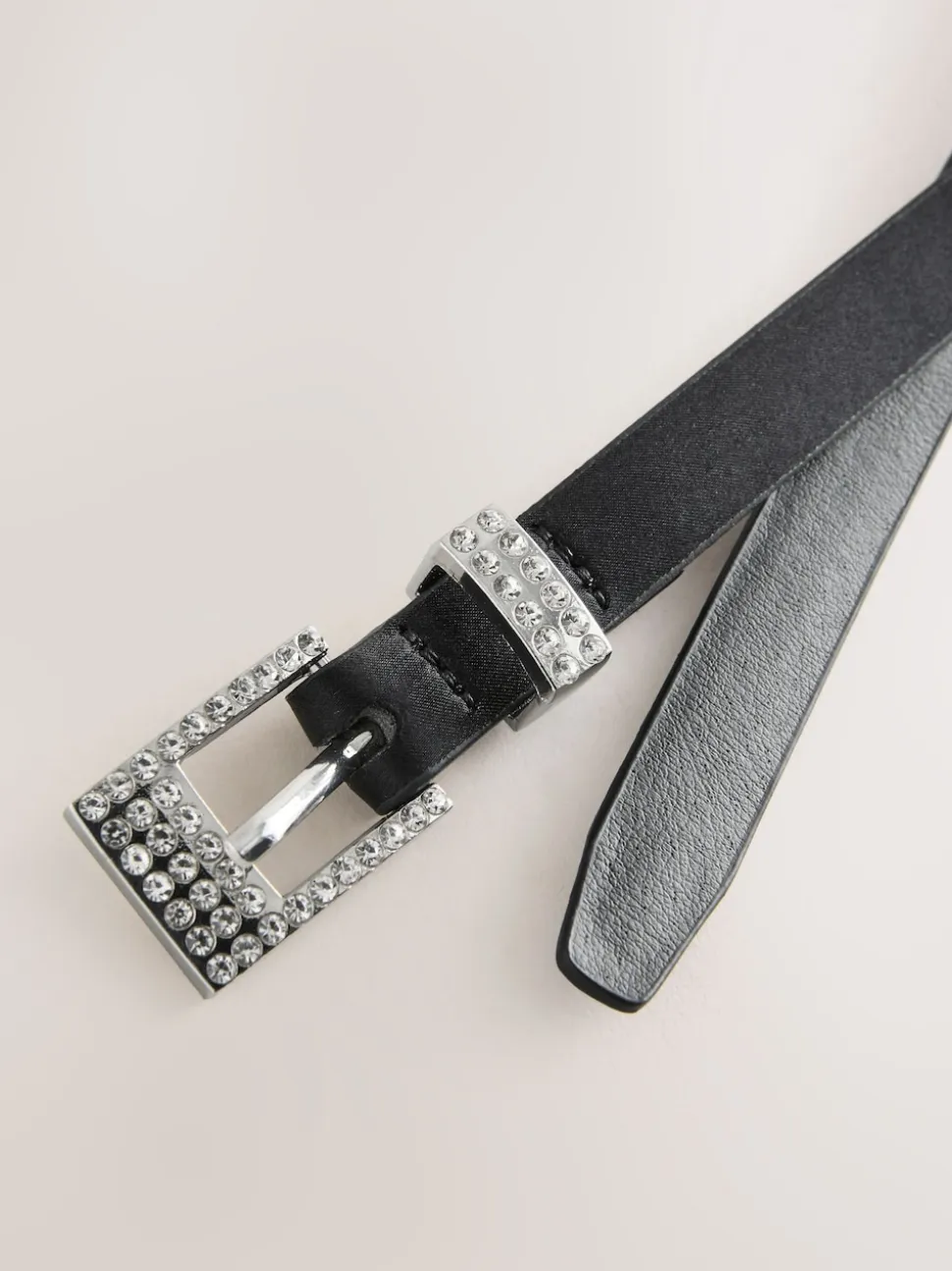 Black Sparkle Buckle Satin Skinny Belt