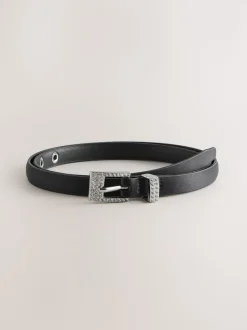 Black Sparkle Buckle Satin Skinny Belt