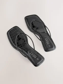 Black Square Toe Post Low Heels