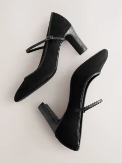 Black Standard Fit Round Toe Mary Jane Block Court Shoes