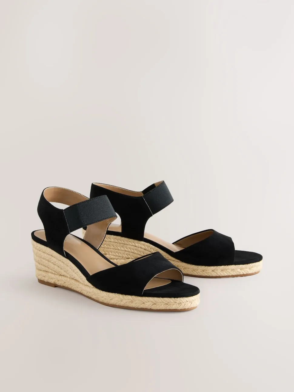 Black Standard Fit Round Toe Elastic Strap Detail Wedges