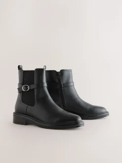 Black Standard/Wide Fit Buckled Chelsea Boots