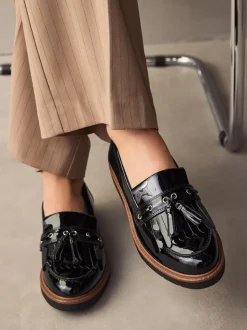 Black Standard/Wide Fit Chunky Patent Tassel Detail Loafers