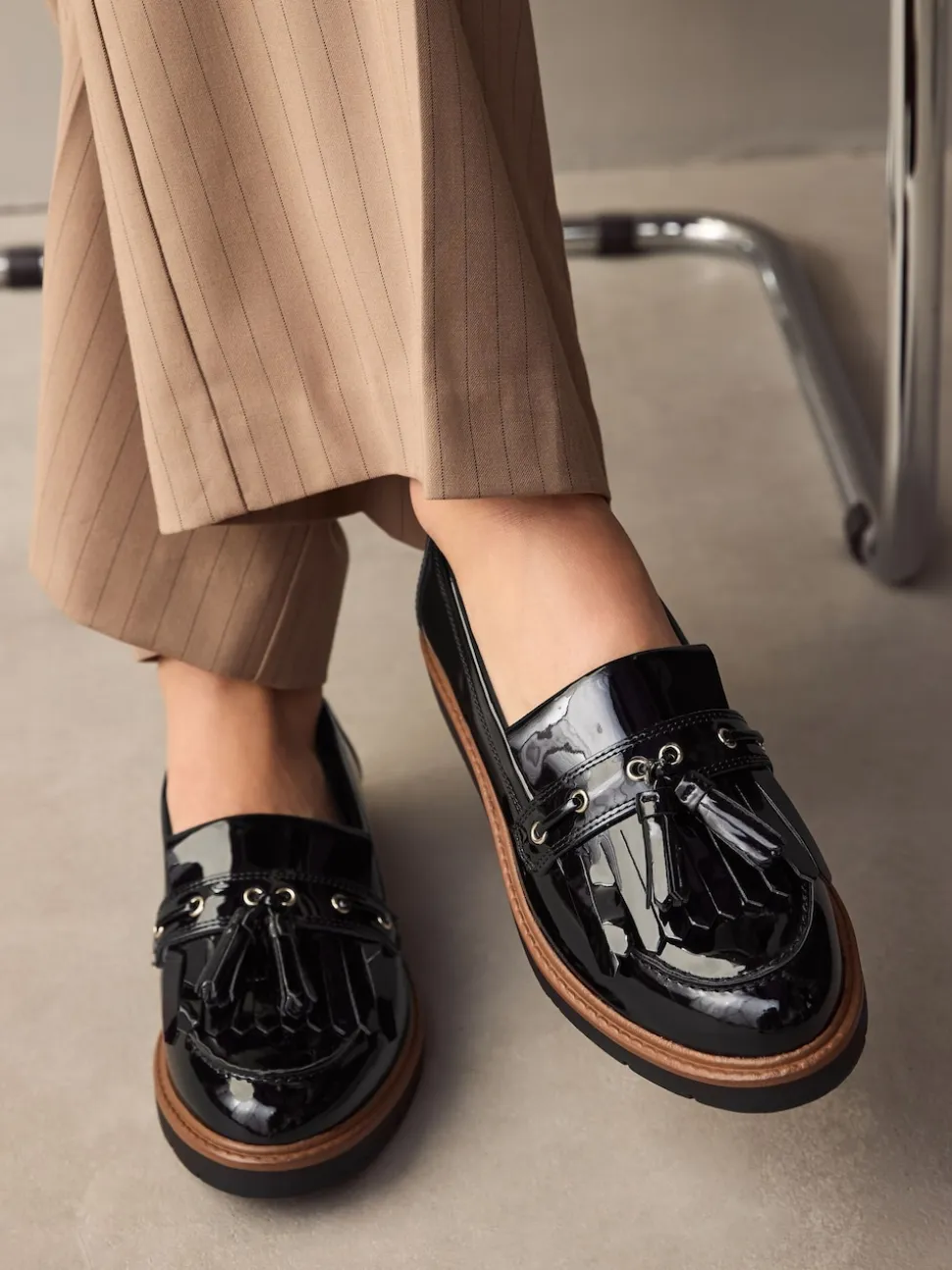 Black Standard/Wide Fit Chunky Patent Tassel Detail Loafers