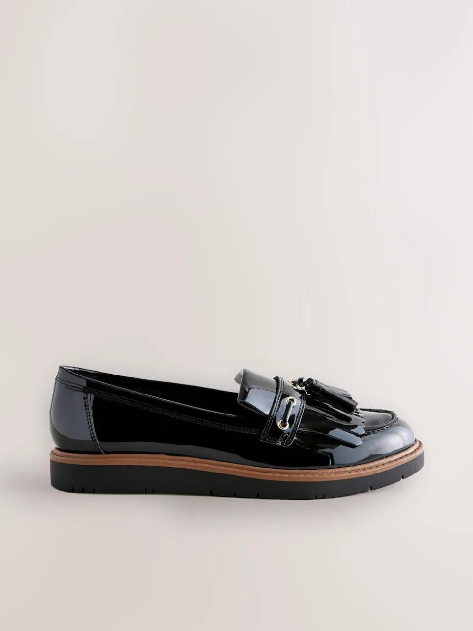 Black Standard/Wide Fit Chunky Patent Tassel Detail Loafers
