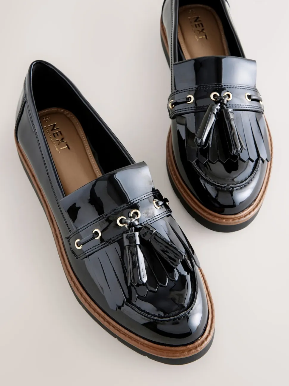 Black Standard/Wide Fit Chunky Patent Tassel Detail Loafers