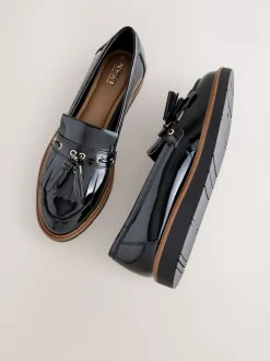 Black Standard/Wide Fit Chunky Patent Tassel Detail Loafers