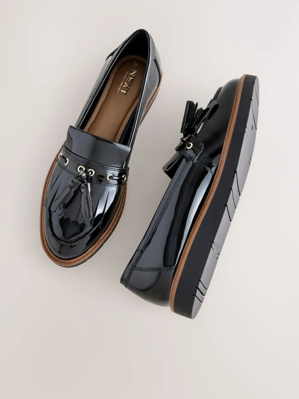 Black Standard/Wide Fit Chunky Patent Tassel Detail Loafers