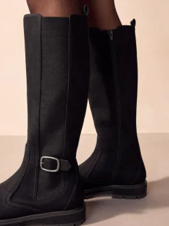 Black Standard/Wide Fit Knee High Buckle Chelsea Boots