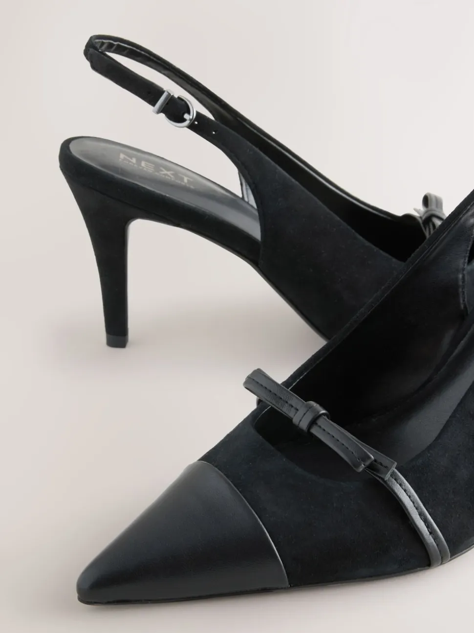 Black Suede Forever Comfort® Leather Pointed Cutout Bow Slingback Heels