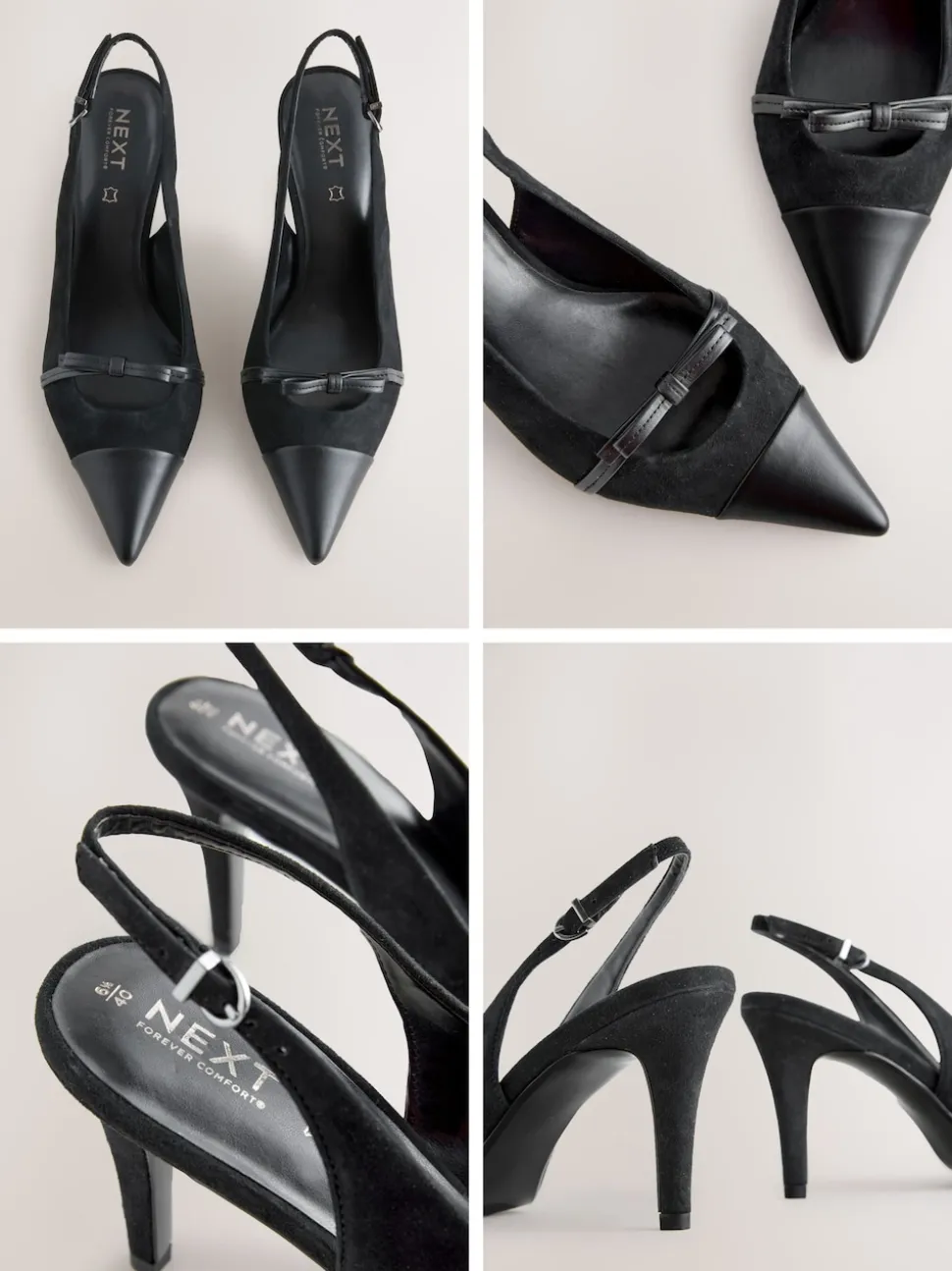 Black Suede Forever Comfort® Leather Pointed Cutout Bow Slingback Heels