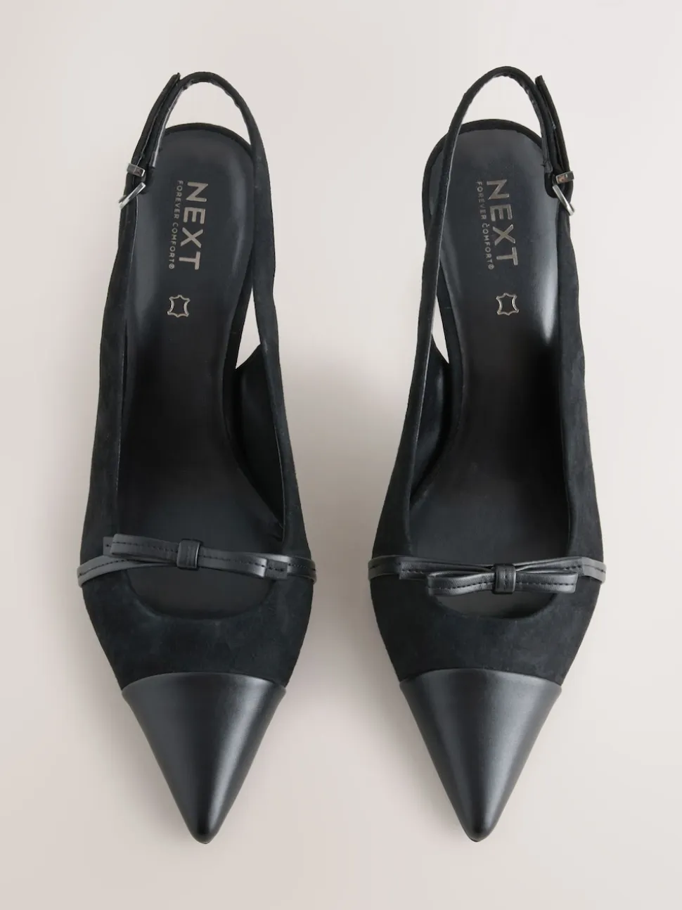 Black Suede Forever Comfort® Leather Pointed Cutout Bow Slingback Heels