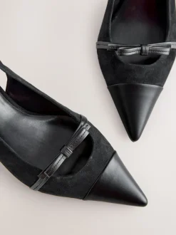 Black Suede Forever Comfort® Leather Pointed Cutout Bow Slingback Heels